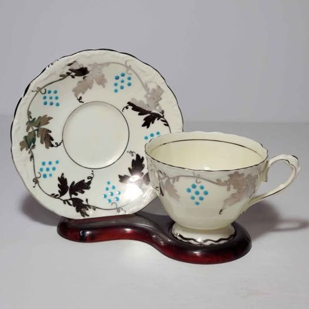 Paragon Teacup and Saucer Blue Grapes Silver Vintage